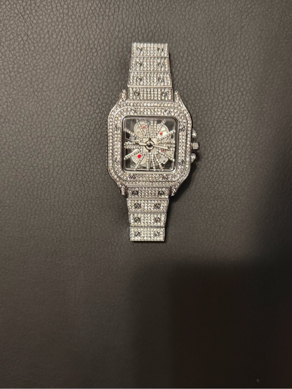 Iced Silver Square Skeleton Watch with Crystal Accents